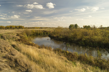 Fototapeta na wymiar Autumn landscape with river on background sky