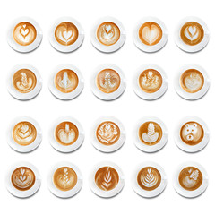  Latte art coffee on white background.Collection