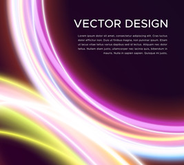 Abstract vector background with bright glowing light curves isolated on black. Colorful banner design template with blank space.