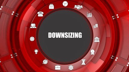 Downsizing concept image with business icons and copyspace.