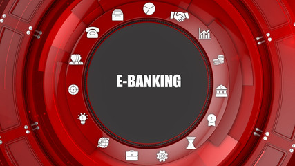 E-banking concept image with business icons and copyspace.