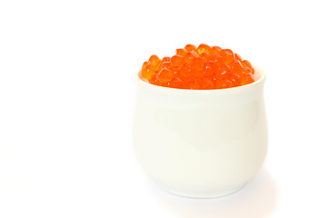 Red caviar in cap on white background, isolated