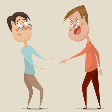 Aggressive man threats and shouts on frightened man in anger. Emotional concept of aggression, tyranny and despotism. Cartoon characters. Vector illustration