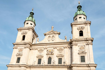 Fototapeta na wymiar Facade of the 774 Era Salzburg Cathedral (Salzburger Dom)
