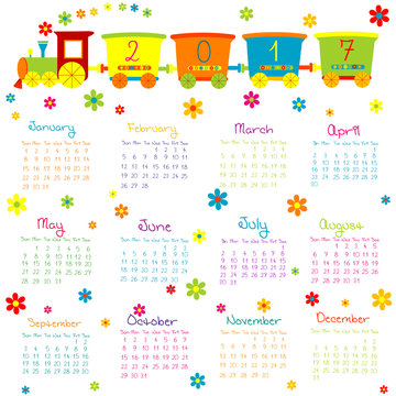 2017 Calendar with toy train and flowers