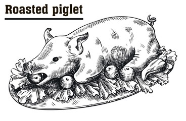 Roast suckling pig. Roasted piglet with vegetables on platter.