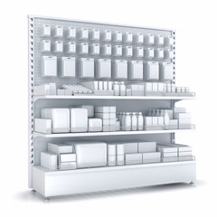 Blank supermarket products on shelves and pegboard. 3d illustration. Isolated on white