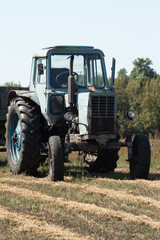 Old tractor in summer on field.