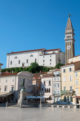 Fototapeta premium Church of St. George and Tartini Square in Piran, Slovenia