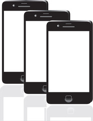 Many black smartphone, 3d render. Smart phone isolated over whit