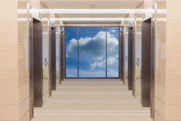 Elevator cabin stainless steel and  blue sky background