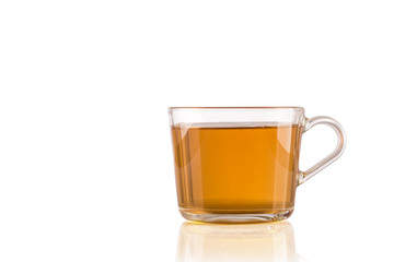 Transparent cup of tea on isolated white background