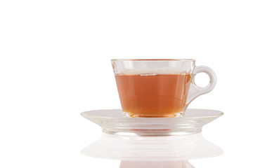 Transparent cup of tea on isolated white background