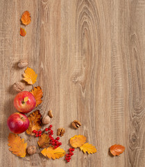 autumn frame from leaves on wood background