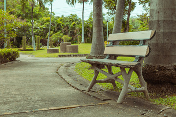 Wooden park bench under  trees. Vintage tone .