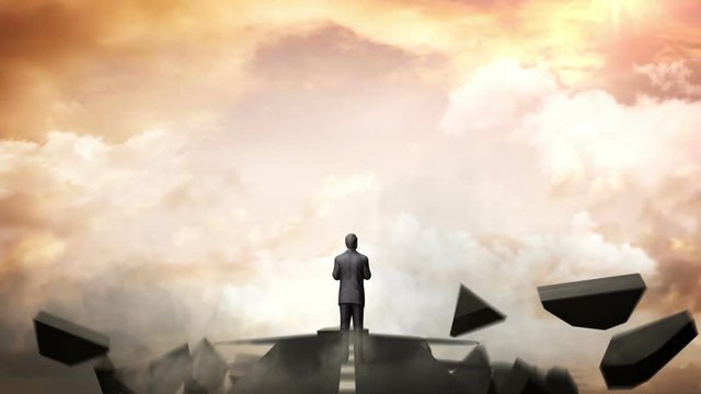 Break the concrete wall. Businessman choose separate ways. sunset sky.