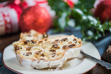 Festive Christmas cake, stollen with raisins