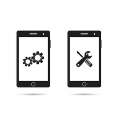 Mobile phone repair icon. Smartphone repairing logo set. Technical support, cellphone repair service. Vector isolated illustration.