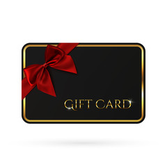 Black gift card template with red ribbon and a bow.