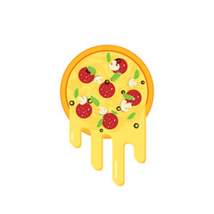 Pizza with flowing cheese vector illustration, flat cartoon pizza with a lot of cheese, concept of creative logo, brand symbol isolated on white background