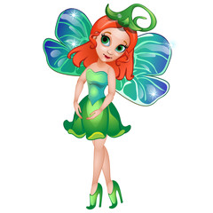 Fairy with wings in green dress. Vector