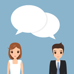 Business man and woman with bubble speech. Talking people.