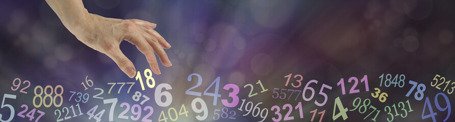 Numerology Wide Bokeh Website Banner - dark multicolored bokeh background with transparent numbers...