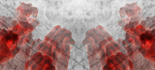 Artistic blood tortured hands grasping desperately barbed wire (infrared) - obrazy, fototapety, plakaty