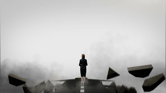 Break the concrete wall. Businesswoman choose separate ways.gray background.