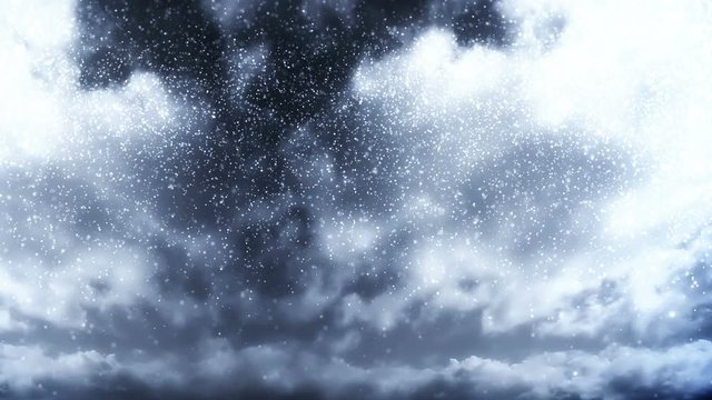A looping background of cloudy sky with dense snow falling.