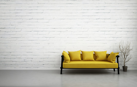 3d illustration of empty white interior with yellow sofa, blank brick wall, minimalist living room