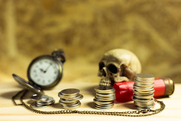 Staircase of money, Thai coins of one bath on wood and element a