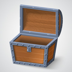 vector illustration of vintage wooden chest with open cover.