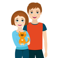 Sister and brother with cat. Boy and girl brothers with animal. Vector illustration isolated on white background.