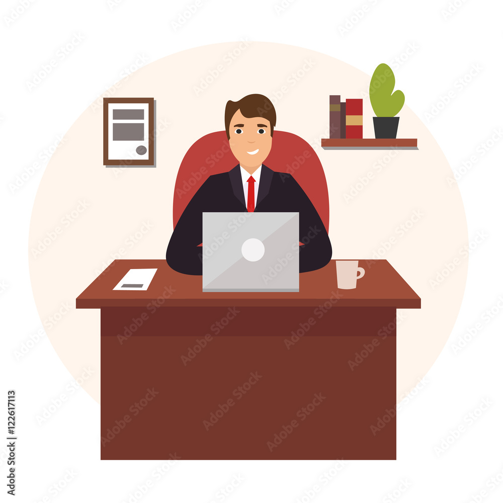 Sticker Businessman Working at Office Table. Vector