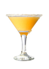 Martini glass  with orange juice close-up, decoration on the edge of a white crumb