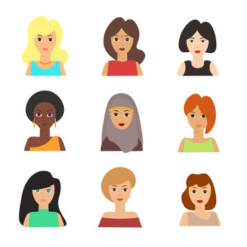 Girls Face Nationality Set. Vector