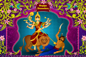 Fototapeta na wymiar Goddess Durga killing demon Mahishasura for Happy Vijayadashami Dussehra