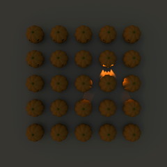 Obraz premium 3d illustration rendering of multiple Halloween pumpkins square grid with one illuminated