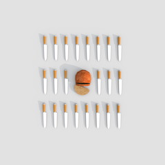 3d illustration rendering of multiple knives square grid with bread in the center
