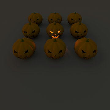 3d illustration rendering of nine Halloween pumpkins square grid with one illuminated