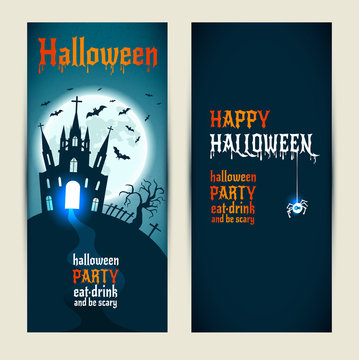 Halloween vertical banners set on blue and darkblue background.