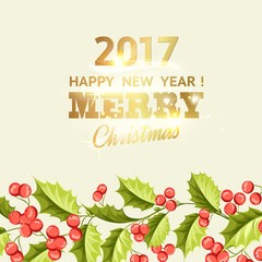 Obraz premium Merry christmas card with line border of misletoe wreath. Happy new year 2017. Christmas flower frame. Vector illustration.