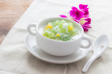 Dessert of Thailand, Sago in coconut cake wet in a beaker.