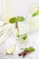 Cold detox cocktail with cucumbers, lime, mint and cinnamon with ice in the glass on the table