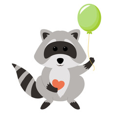 Funny raccoon holding heart and balloon, isolated on white background. Adorable vector raccoon. Cute cartoon pet. Charming baby raccoon.