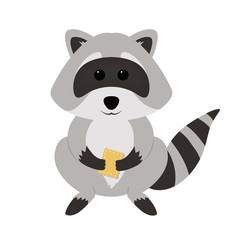 Funny raccoon holding cookie, isolated on white background. Adorable vector raccoon. Cute cartoon pet. Charming baby raccoon.