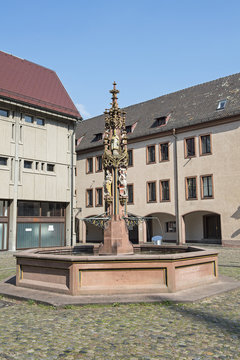 Fischbrunnen auf dem Münsterplatz in Freiburg im Breisgau, Deutschland