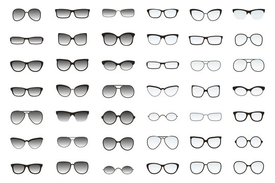 Kinds of sunglasses. Many types of glasses. Fashion collection. Forms of fashionable  spectacles. Vector set. All glasses with translucent glass.