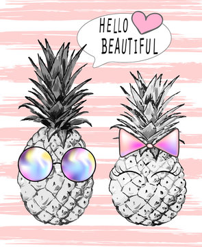 Illustration of pineapple boy with glasses and girl with pink bow. lettering - hello beautiful. Print, t-shirt, Vector